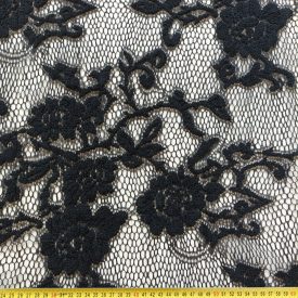 Egyszínű alkalmi csipke fekete virág minta 150 cm széles