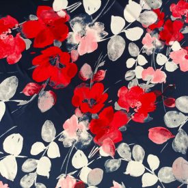   Mintás Venezia jersey sötétké / piros / fehér virág  150 cm széles