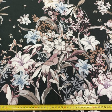 Mintás georgette muszlin fekete / mályva / kék / fehér virágos 142 - 145 cm