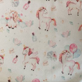   Mintás dekorvászon fehér / világoskék / pink / fekete unikornis 280 cm széles
