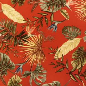   Mintás Barbie krepp terrakotta / zöld / keki / kék pálma  145 - 148 cm széles