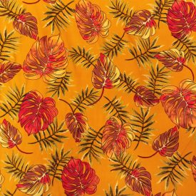   Mintás flokon mustár / piros / zöld leveles minta 137 - 140 cm széles