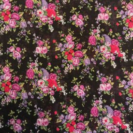   Mintás muszlin fekete, pink, zöld, piros, kék virág minta 140 cm