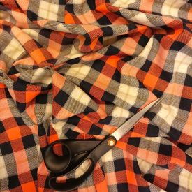   Mintás pamut flanel sötétkék, narancssárga, nyers kockás minta 146 - 148 cm