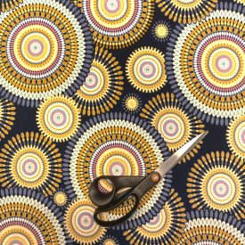   Mintás Venezia jersey (jégdzsörzé) sötétkék / sárga / mustár / fehér / pink Mandala minta 150 cm széles