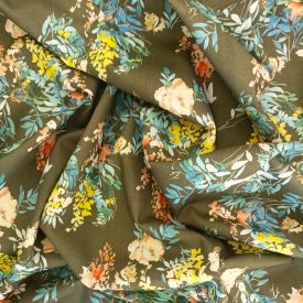   Mintás rugalmas pamut szatén keki / barack / kék / sárga virág minta 145 cm