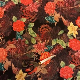   Mintás flokon fekete, piros, kék, zöld, sárga virág minta 130 cm széles