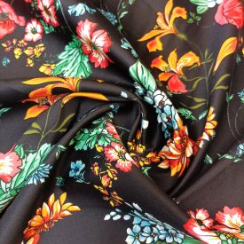   Mintás rugalmas pamut szatén fekete / narancssárga / piros / zöld / kék virágos minta 144 cm széles