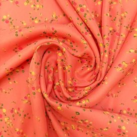   Mintás szatén lazac / sárga / piros / zöld apró mintás 150 cm széles