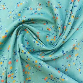   Mintás szatén kék / narancssárga / lazac apró mintás 150 cm széles