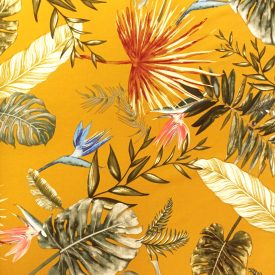   Mintás Barbie krepp mustár, zöld, kék, fehér, terrakotta pálma minta 145 - 148 cm széles