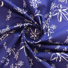   Mintás pamut vászon rugalmas kék / fehér virág minta 140 cm széles