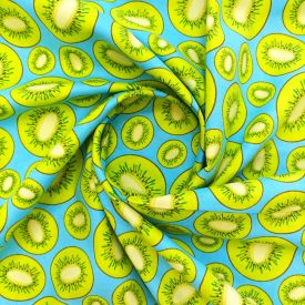   Mintás pamut vászon kiwizöld / türkiz / barna kiwi minta 136 cm széles