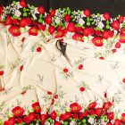 Mintás georgette muszlin fehér / piros / zöld / fekete pipacs minta 150 cm széles