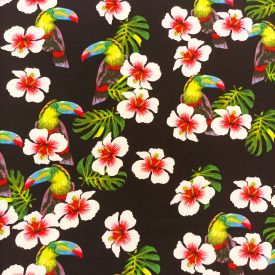   Mintás georgette trópusi virág és tukán minta 148 cm széles
