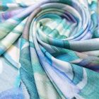 Mintás viszkóz jersey kék, vízkék, púder, menta, lila, zöld absztrakt minta 135 - 140 cm széles