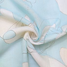   Mintás lenvászon kék / fehér / fekete virág minta 143 - 145 cm széles