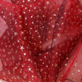   Organza bordó / arany ünnepi csillagos minta 150 cm széles
