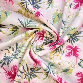   Mintás rugalmas pamut szatén fehér / zöld / pink / mustár trópusi virág  140 cm